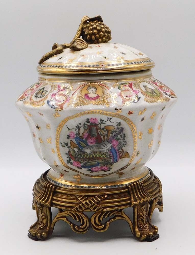 VTG JUWC 1897 United Wilson Hand Painted Porcelain & Bronze Metal Gold Gilt Jar