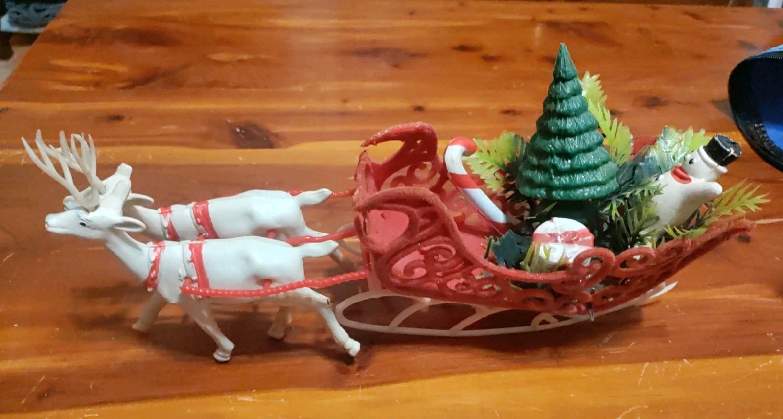 Vintage Flocked Plastic Sleigh & Reindeer Table Decoration 1960\'s NO Santa Vintage Flocked Plastic Sleigh & Reindeer Table Decoration 1960\'s NO Santa