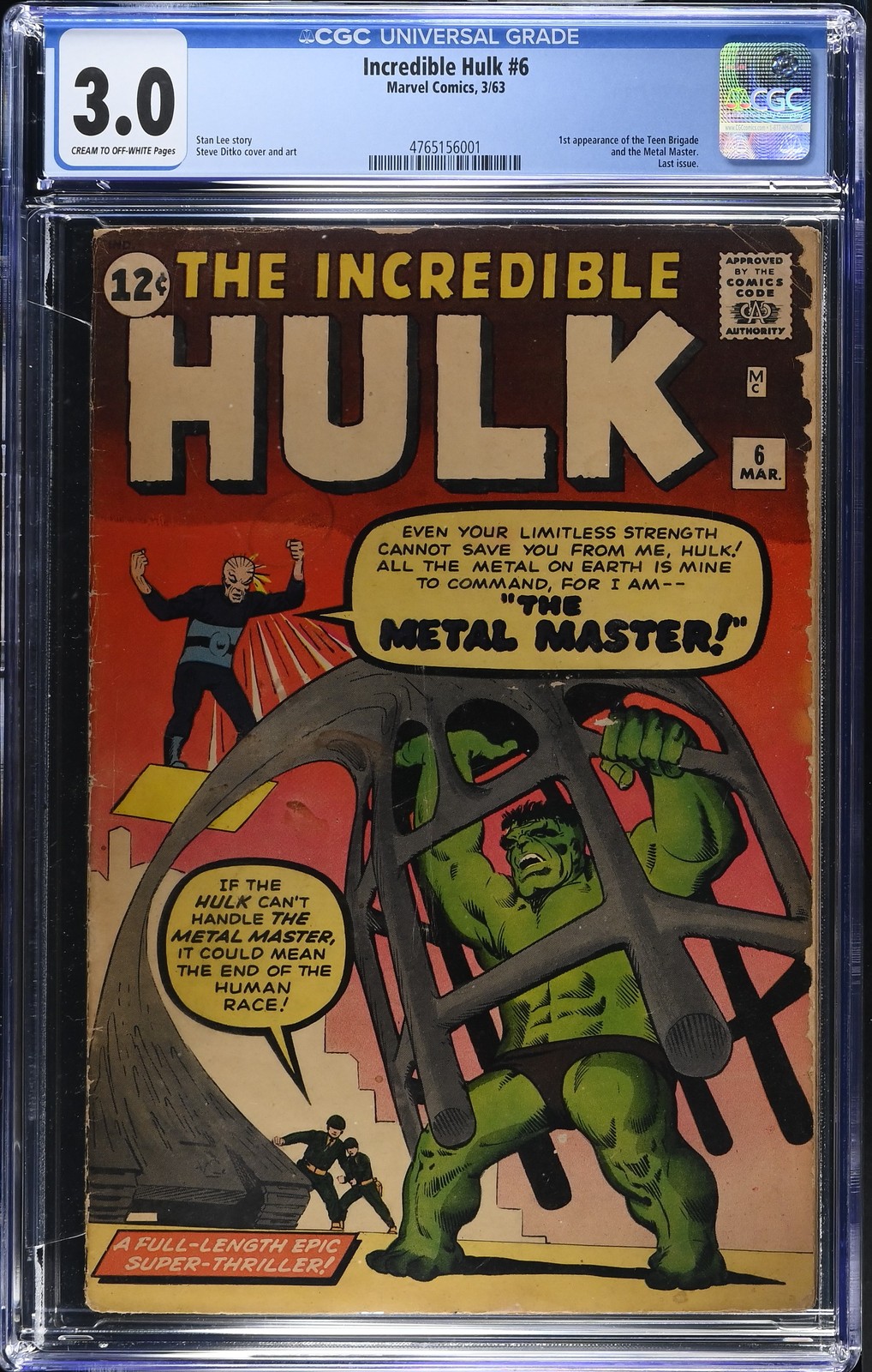 Incredible Hulk #6 - Marvel Comics 1963 CGC 3.0 1st appearance of the Teen Briga