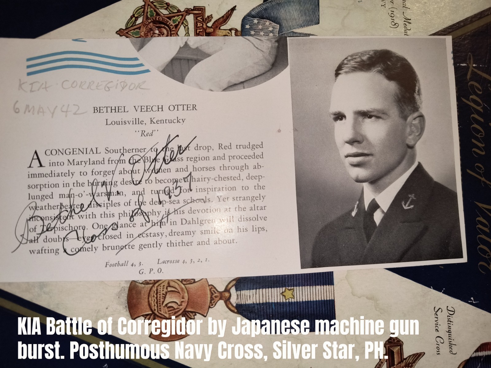 Lt. BETHEL VEECH OTTER   KIA Corregidor Signed USNA 1937 Yearbook Photo