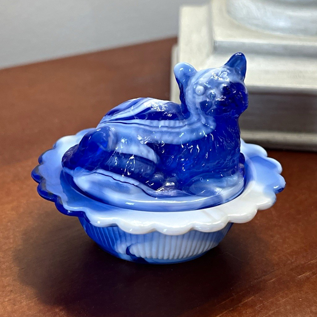 Vintage Mosser Blue & White Slag Glass Mini Cat on Nest