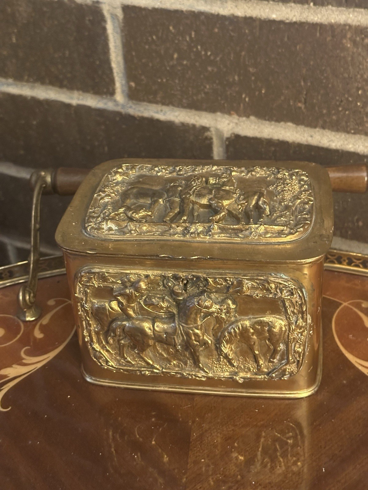 Antique Gilt Metal & Bronze Humidor Box Repousse Horse Decoration Tobacco Cigar