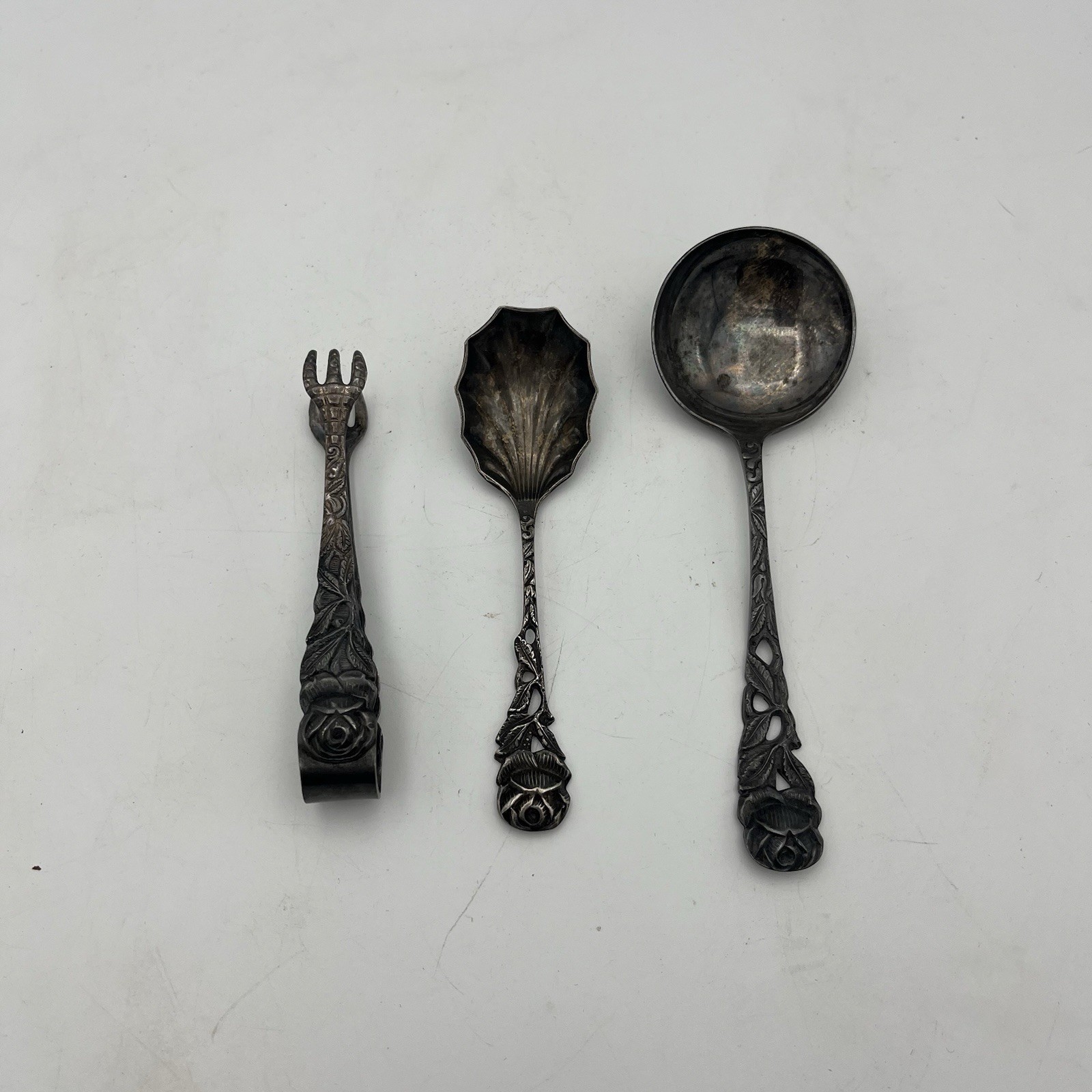 Vintage Set of 3 800 - 90 - Rose Design Sugar Tongs And 2 Spoons Vintage Set of 3 800 - 90 - Rose Design Sugar Tongs And 2 Spoons