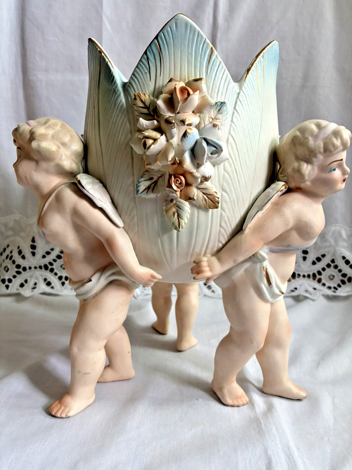 Lenwile Ardalt Artware 3D Japan  3 Angels Cherubs Holding Planter Vase Bowl  VTG