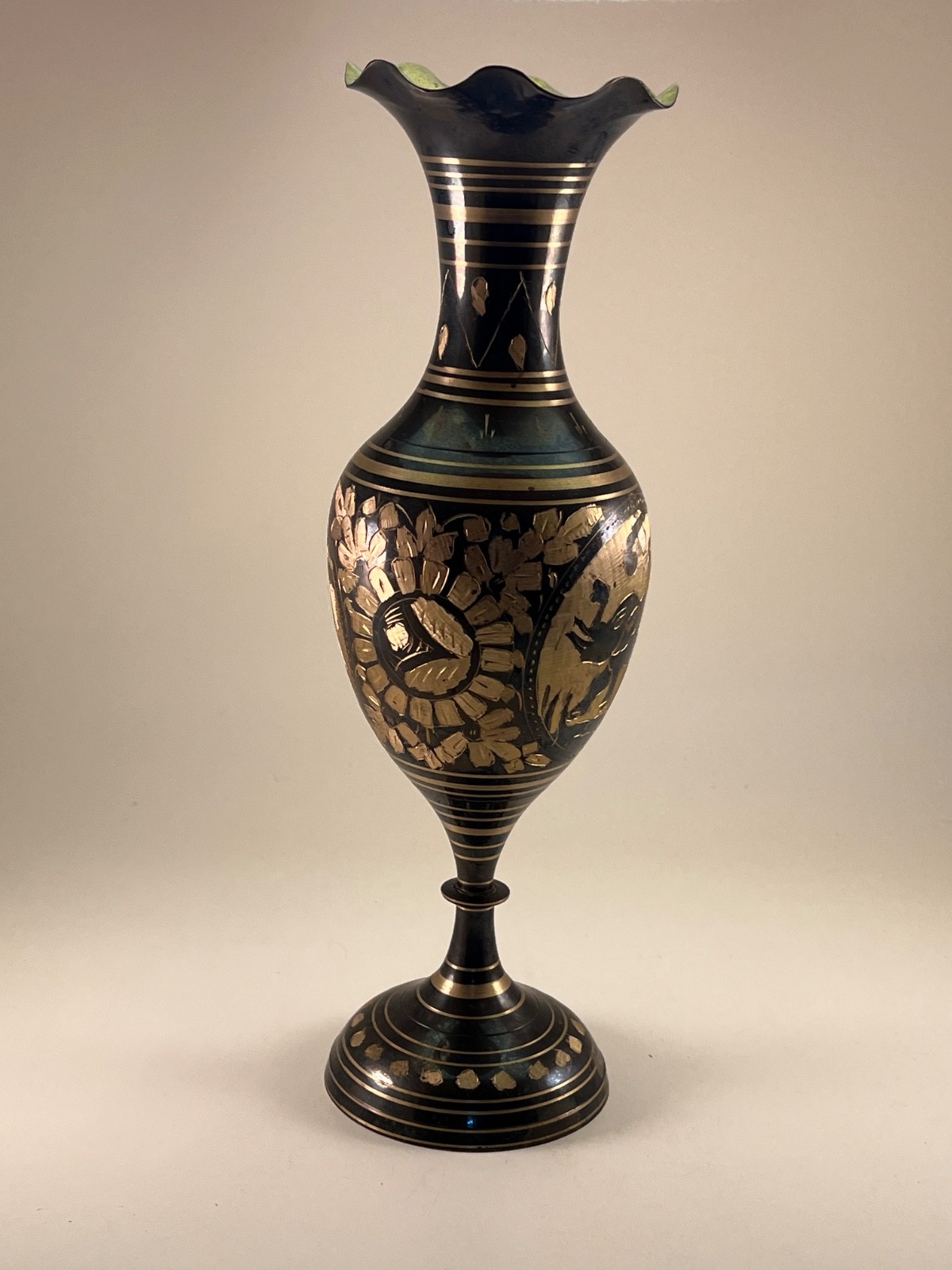 Vintage Etched Brass Vase with Elephant motif