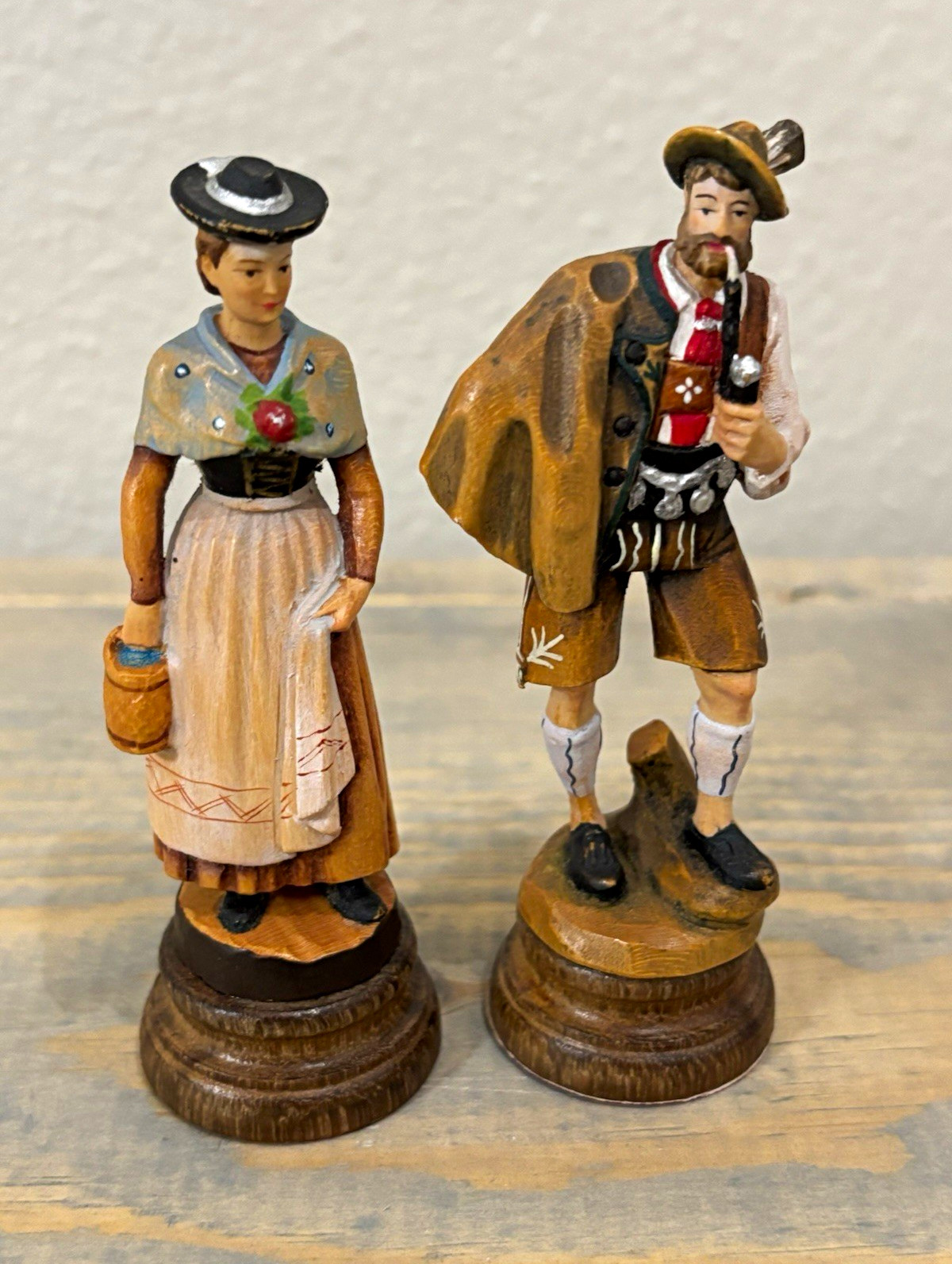 Vintage Bavarian German Wood Figurines Man Woman Pair 4” Hand Painted Folk Art Vintage Bavarian German Wood Figurines Man Woman Pair 4” Hand Painted Folk Art
