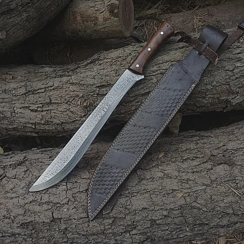 Handmade Damascus Bolo Knife Wood Handle with Sheath Artisan Collectible Gift