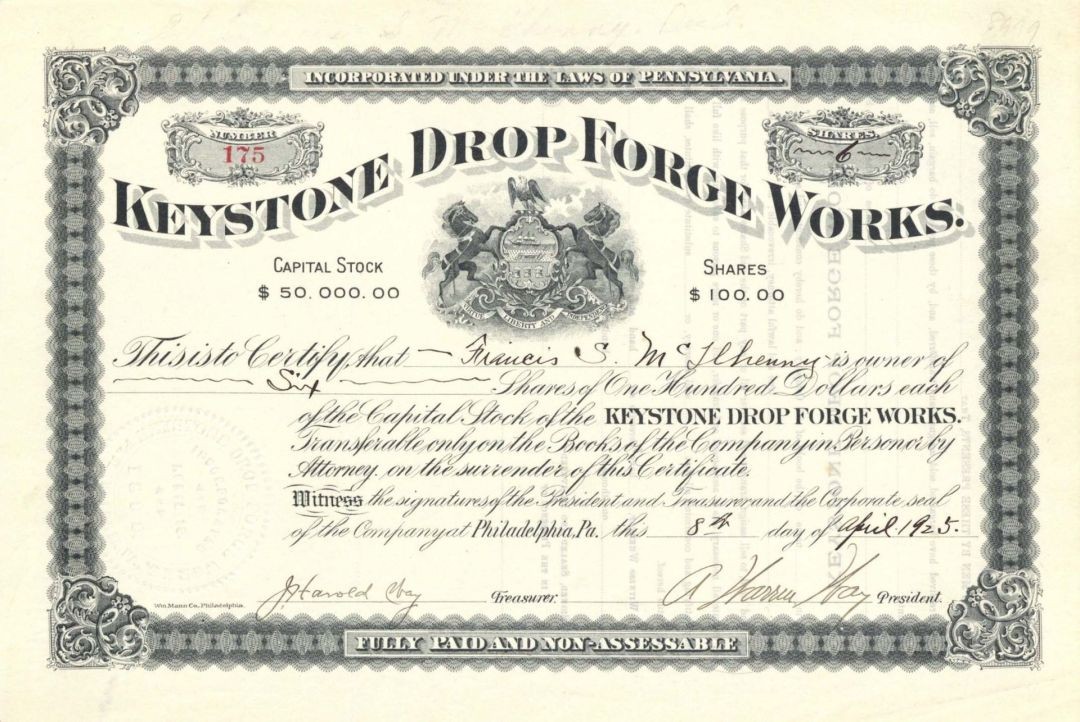 Keystone Drop Forge Works - 1925 dated Stock Certificate - General Stocks