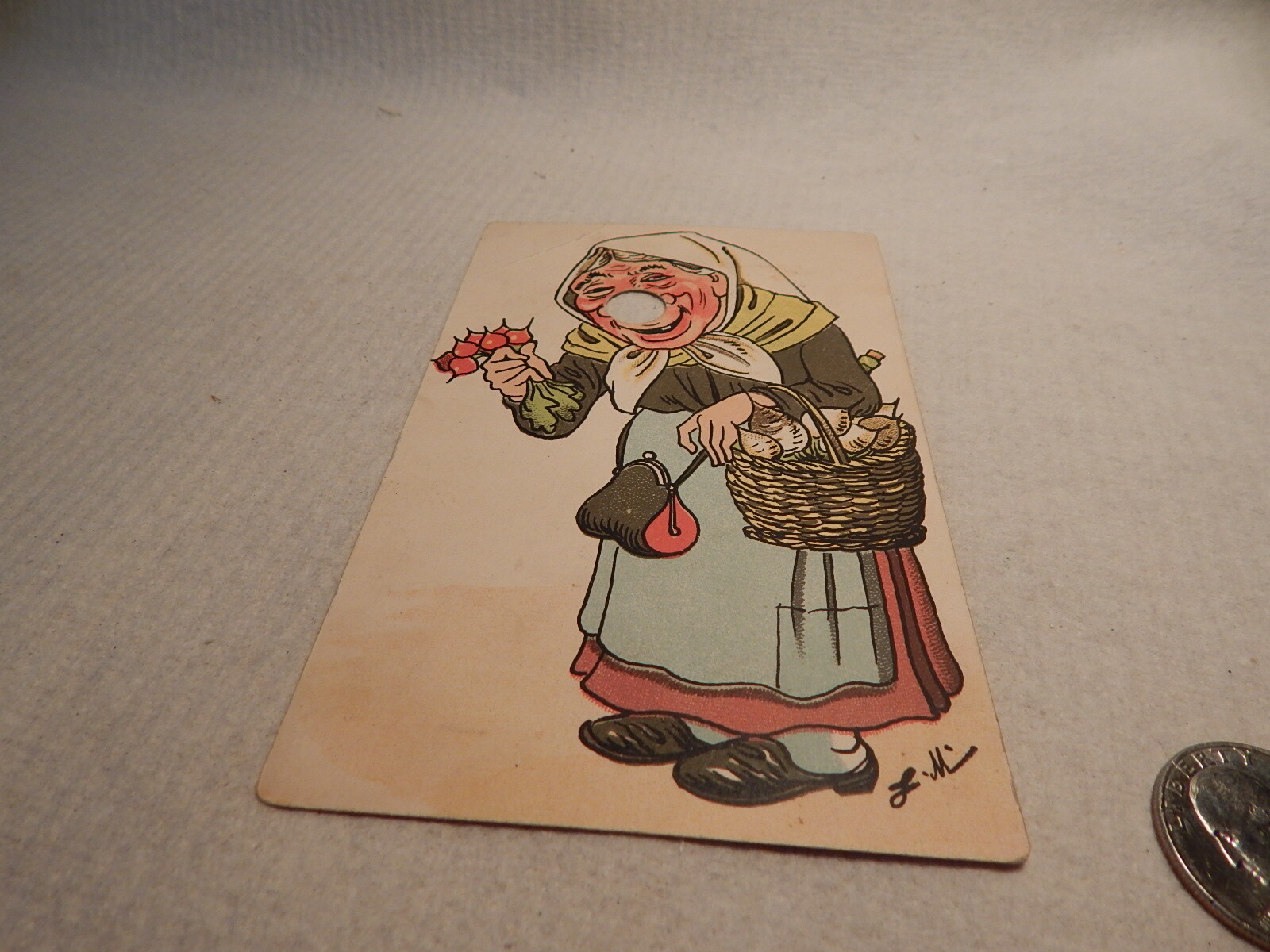 VTG 1907 POSTCARD COMIC OLDER LADY WITH RADISHES BEETS ? NO NOSE -YOUR FINGER