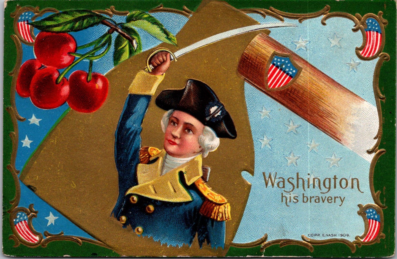 George Washington With Sword on Golden Hatchet Blade, Embossed Postcard Z79
