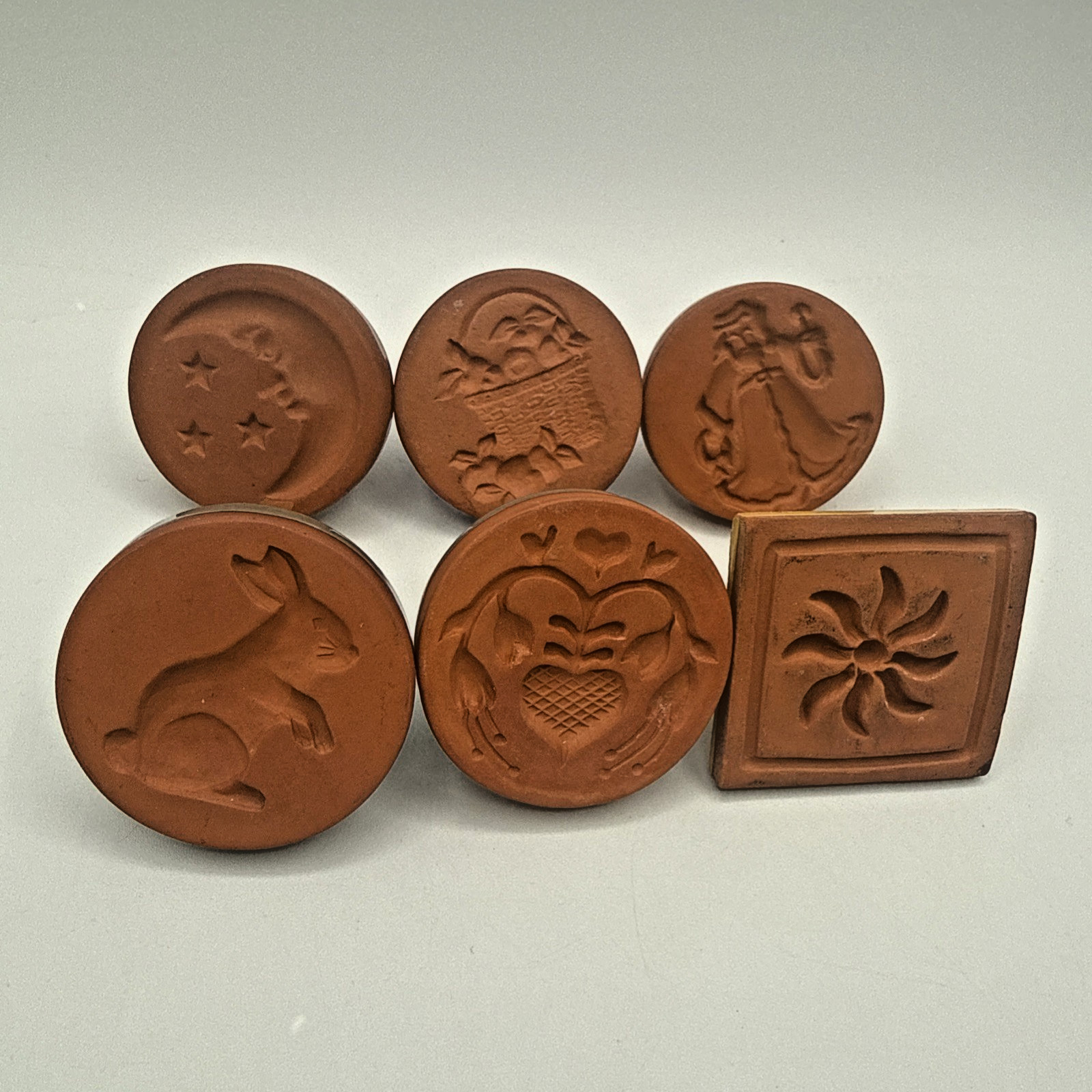 Vintage Rycraft Ceramic Terra Cotta Cookie Stamps Lot 6 Fruit Basket Moon READ