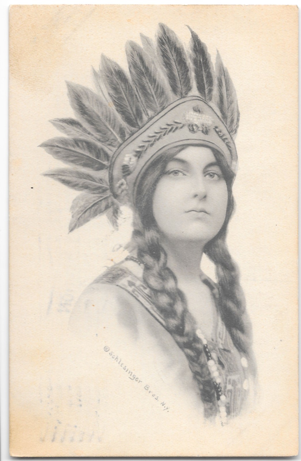 Schlesinger Bros Indian Headdress Lady Postcard 1913 Boston Postmark