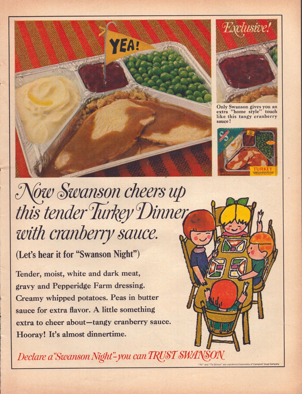 1968 Swanson TV Dinner Print Ad Cheers Up Turkey Peas Cranberry Sauce