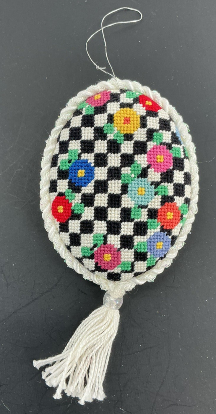 Beautiful Needlepoint Handmade Oval Christmas Ornament Finished Floral