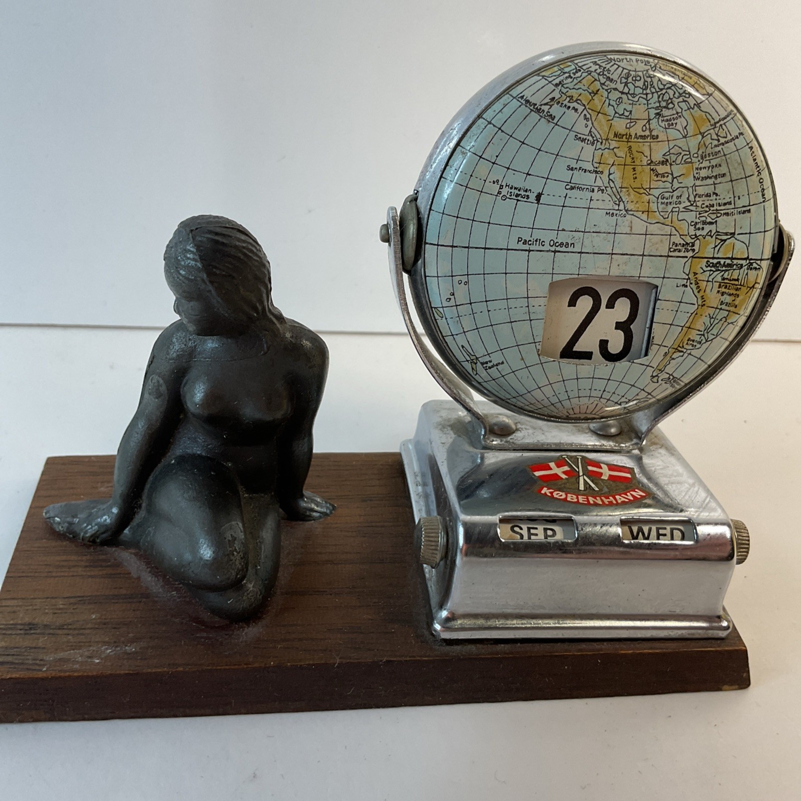 Vintage Perpetual Flip Desktop Calendar Metal World Globe,Mermaid Statue,Denmark