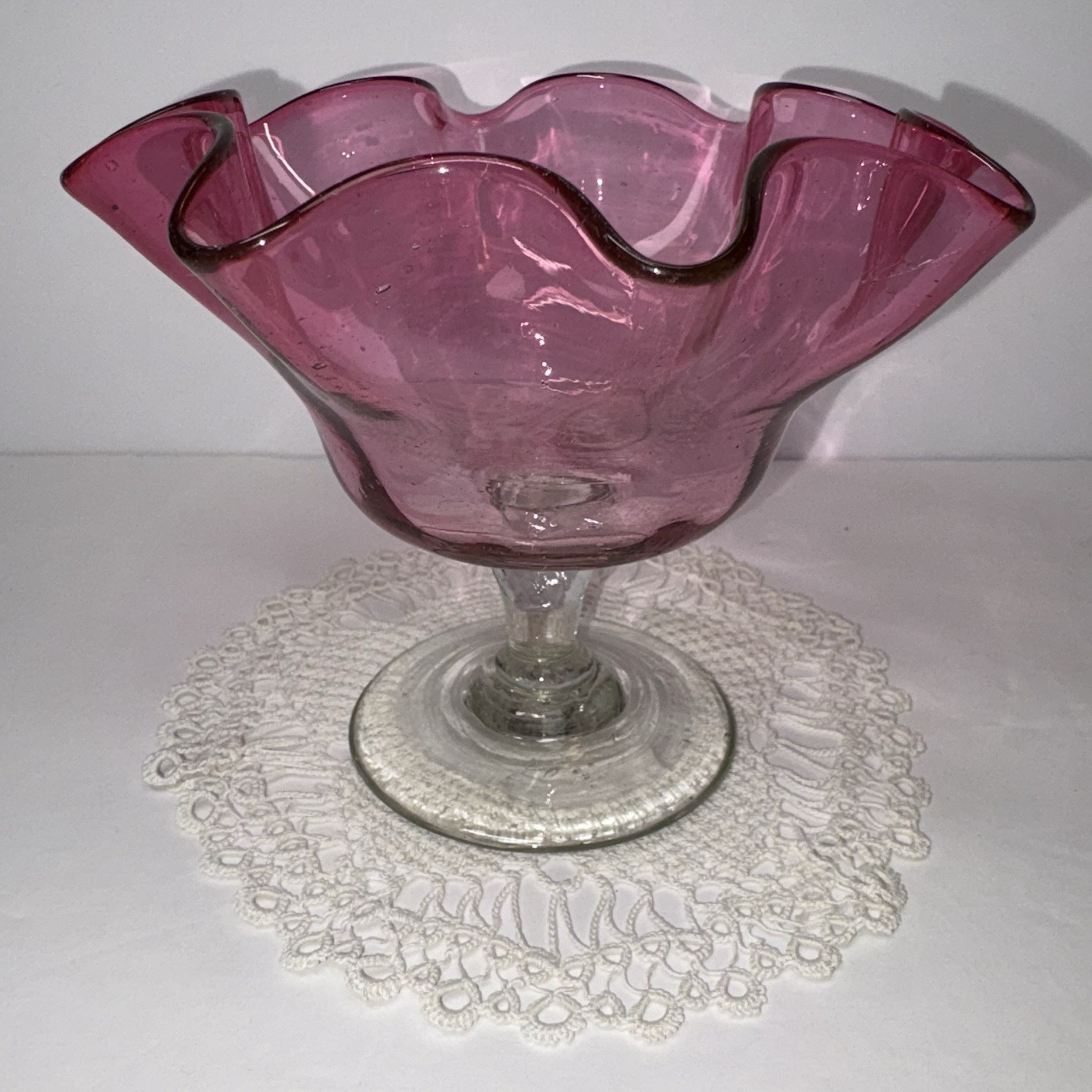 Vintage Cranberry Glass Compote Clear Base Ruffled Rim Hand blown Art Glass Vintage Cranberry Glass Compote Clear Base Ruffled Rim Hand blown Art Glass