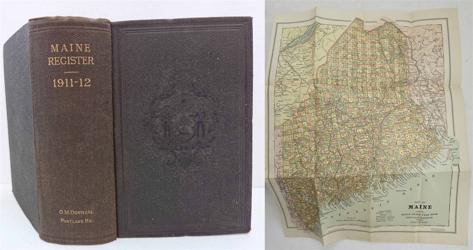 1911 antique MAINE BUSINESS DIRECTORY w FOLDOUT MAP history ads genealogy