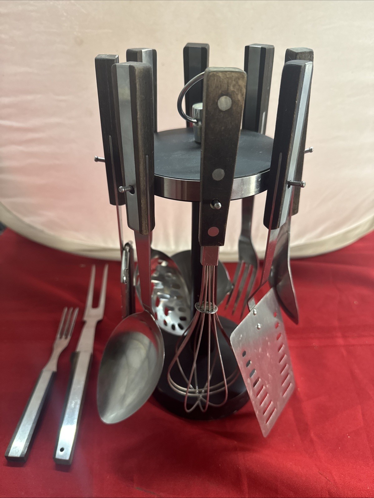 Vintage Vernco Stainless Steel Utensils With Stand Wood MCM Kitchen Japan Silver