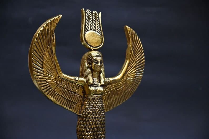 Ancient Egyptian Goddess Isis, winged Goddess Isis with Hathor\'s sun disk.
