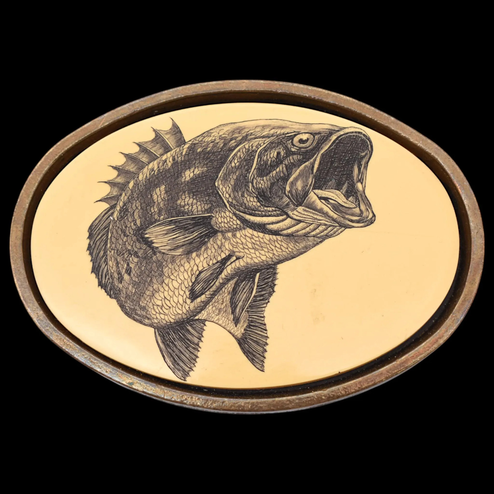 Solid Brass Bass Fish Vintage Belt Buckle W/Acrylic Insert by BTS [ca. 1980s]