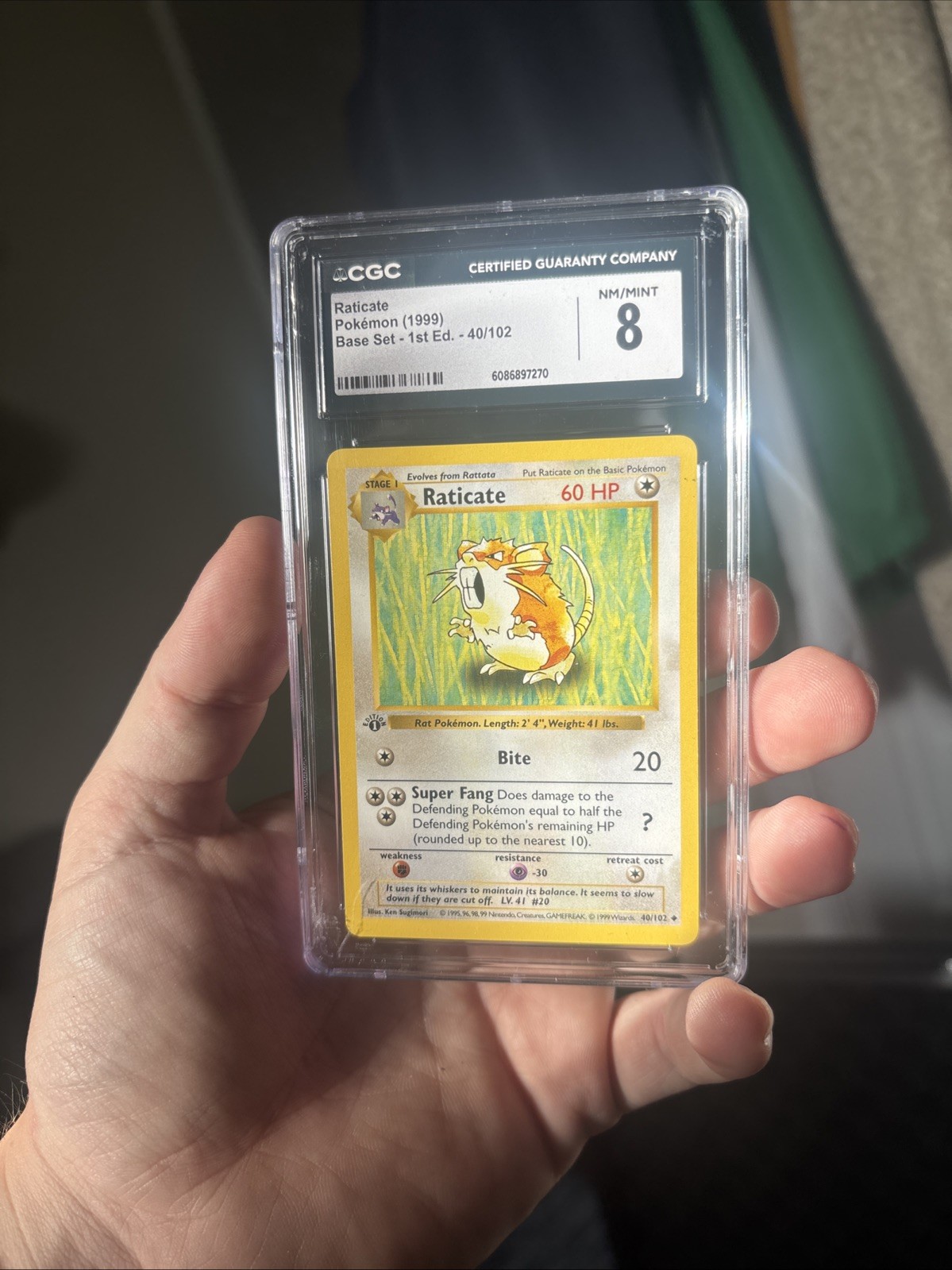 RATICATE #40/102 Pokemon 1999 Base Set 1st Edition Shadowless Card CGC 8 NM/M