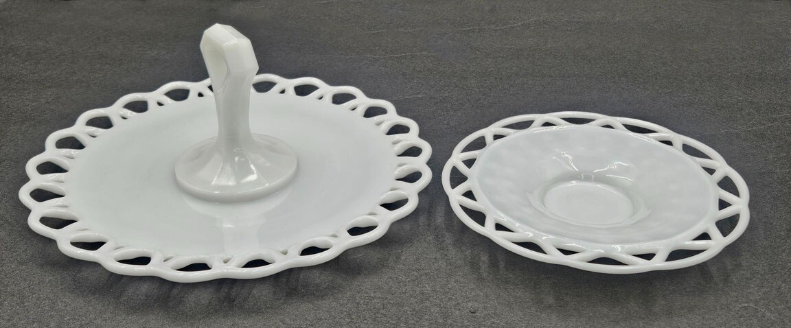 Milk Glass Center Handle Tray and Imperial Glass Lace Edge Salad Plate