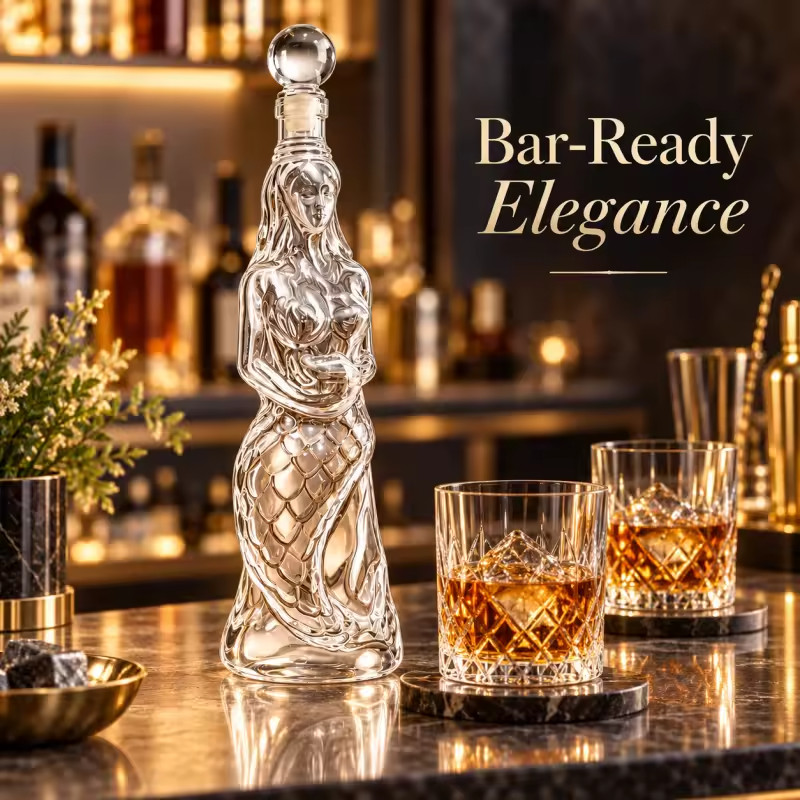 NEW Mermaid Glass Bottle 350ML Decanter w Stopper Whiskey Liquor Home Decor