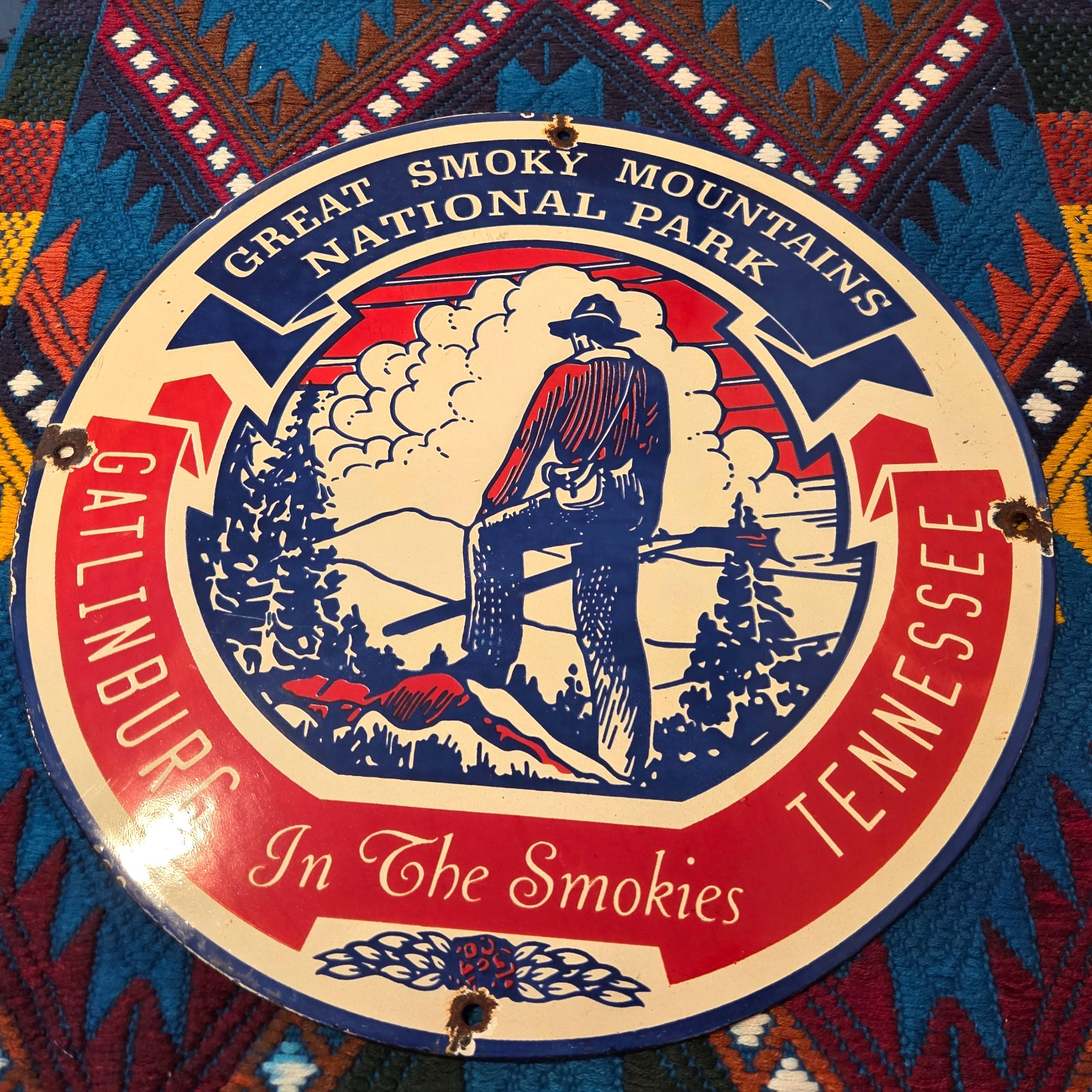 Vintage Smokies Mountains National Park Porcelain Tennessee Gas Station Sign