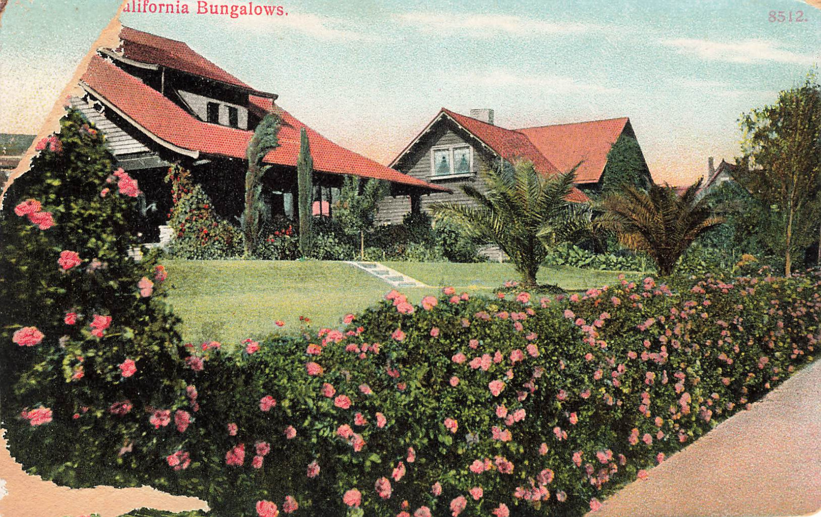 BUNGALOWS RESIDENCE SCENE WITH PINK FLOWERS POSTCARD SOUTHERN CA CALIFORNIA 1907