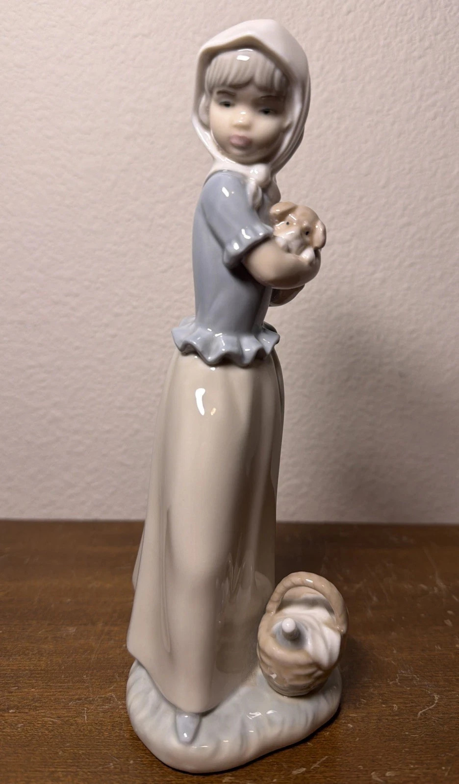 Lladro' NAO Glossy Figurine Girl Holding Puppy & Picnic Basket