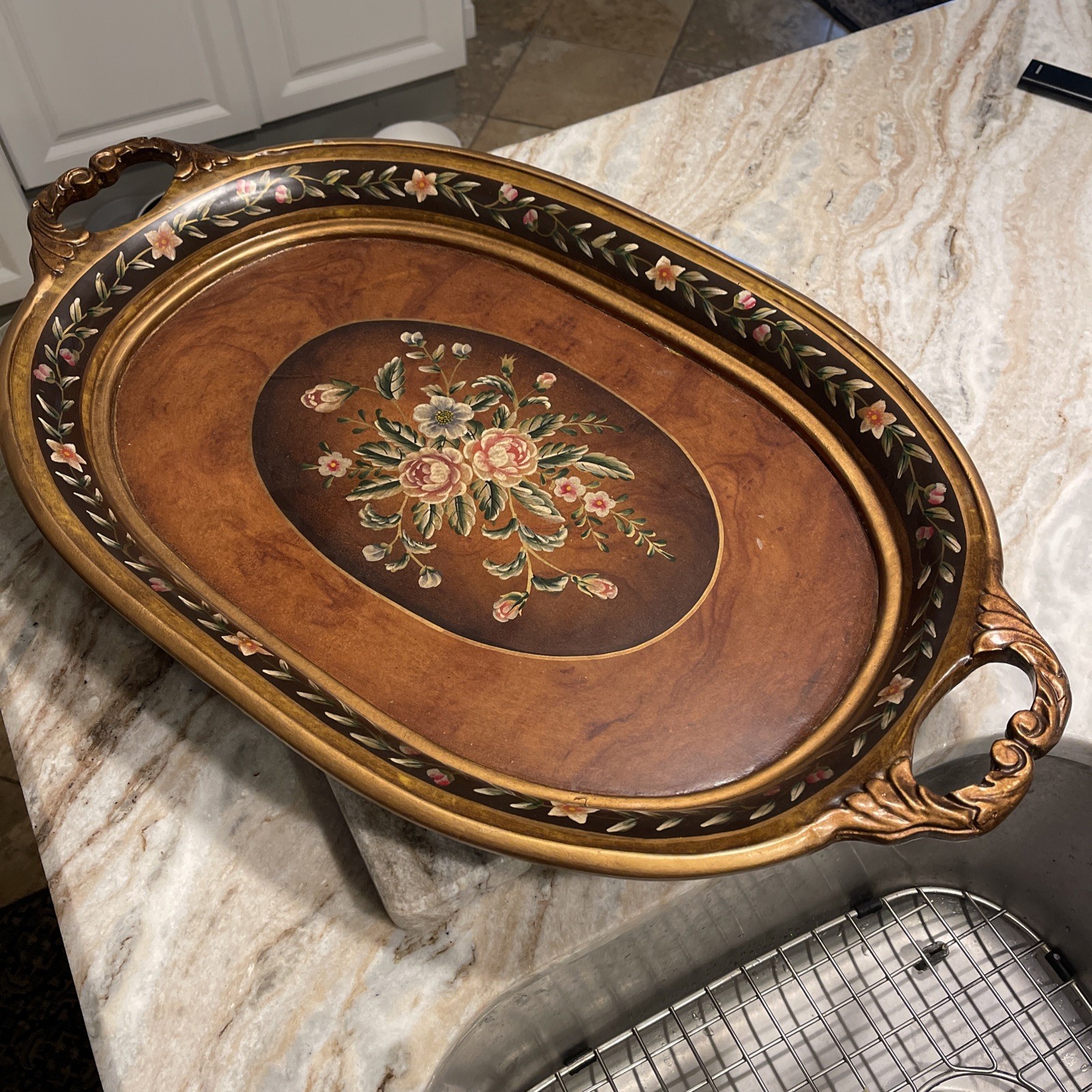 Vintage MCM Hand Painted Oval Floral Handled Butlers Tray XL 27x 16.25 Gold gilt