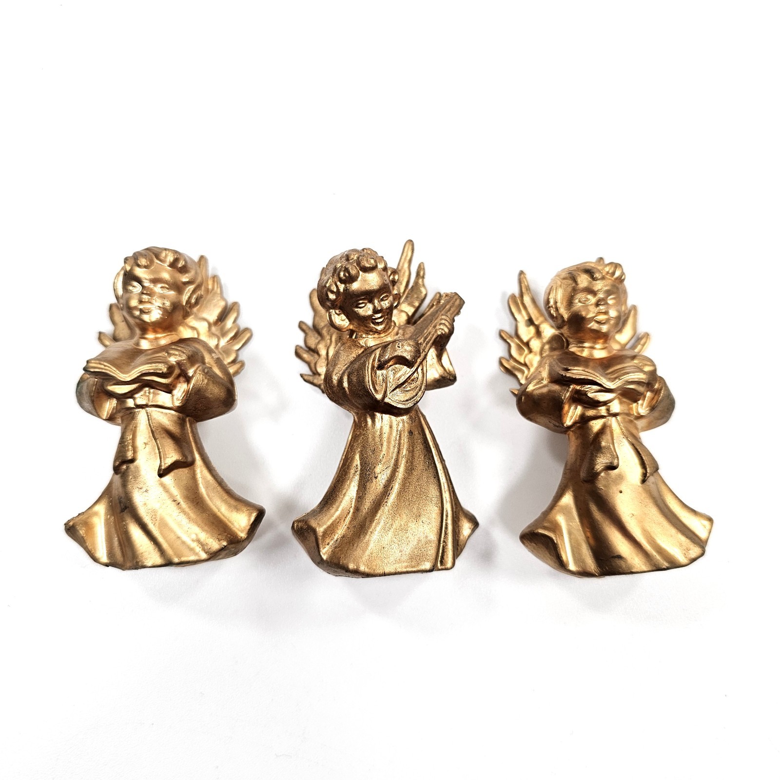 Vintage Mini Gold Angel Figurine Set of 3 Choir Singing Mandolin Christmas Decor