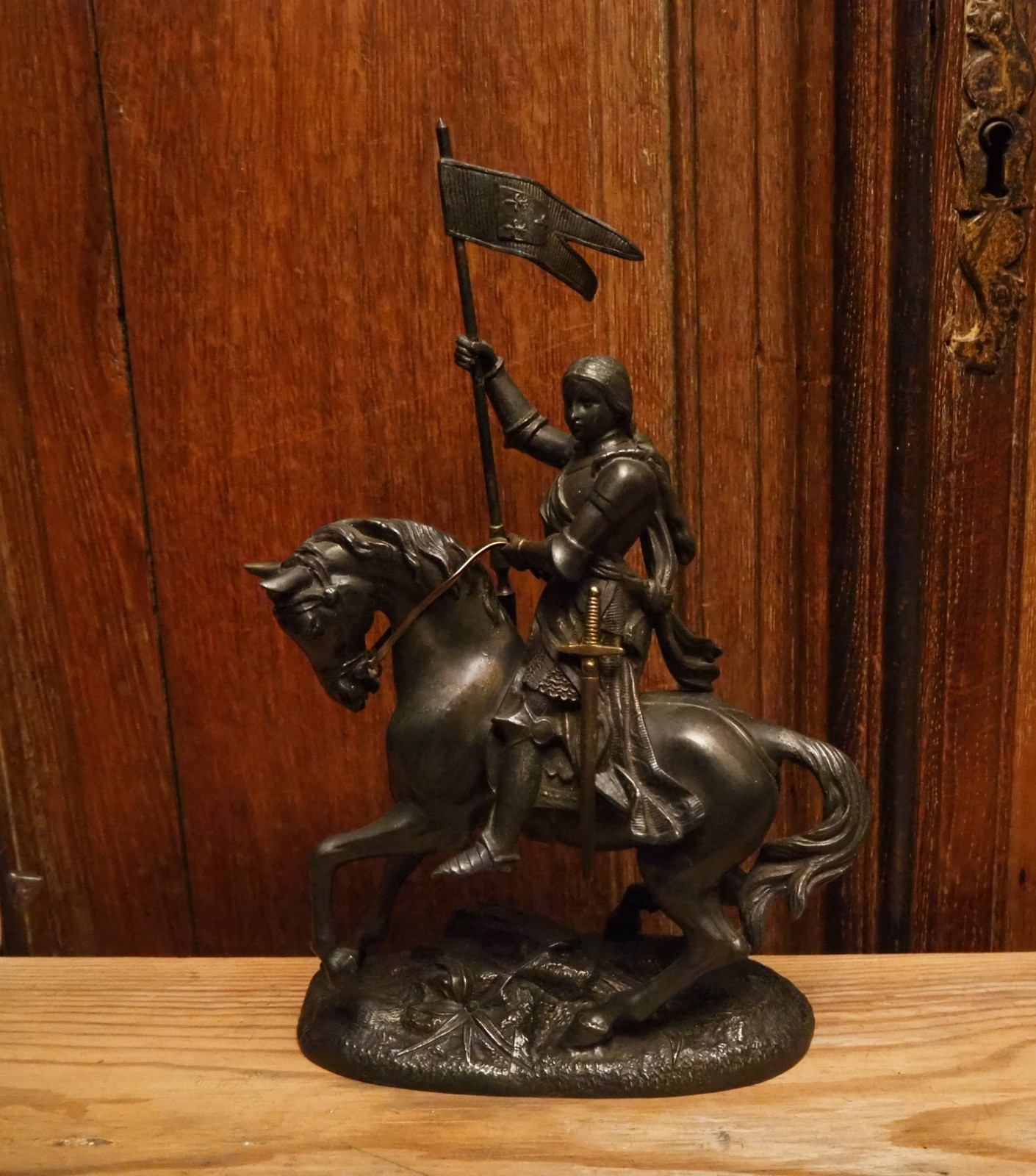 Antique frenc religious bronze look Statue of Saint Joan of Arc on Horse