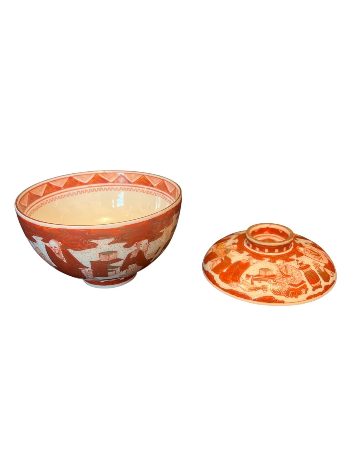 Vintage Japanese Kutani Porcelain Rice Bowl With Lid Red Geometric Scenic Design