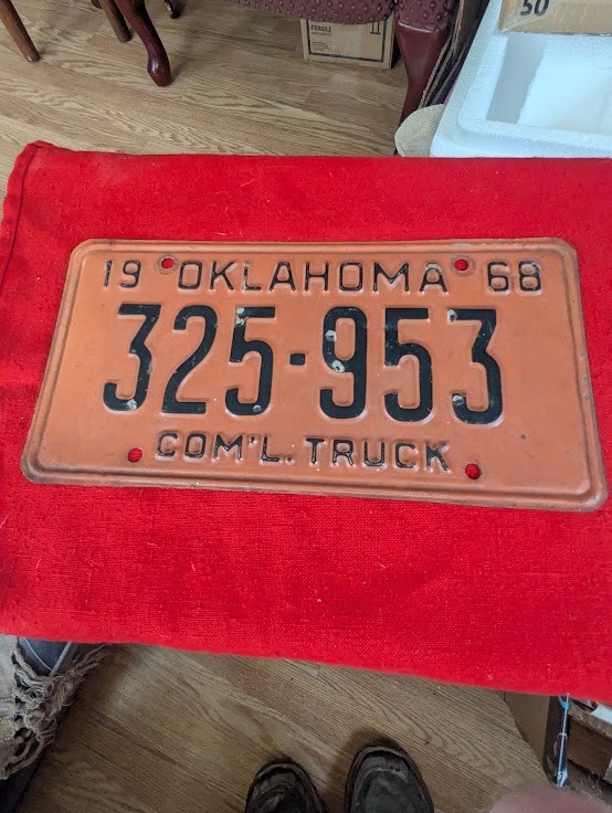 1968 Oklahoma Commercial Truck License Plate 325‑953 • Orange & Black • Vintage 1968 Oklahoma Commercial Truck License Plate 325‑953 • Orange & Black • Vintage