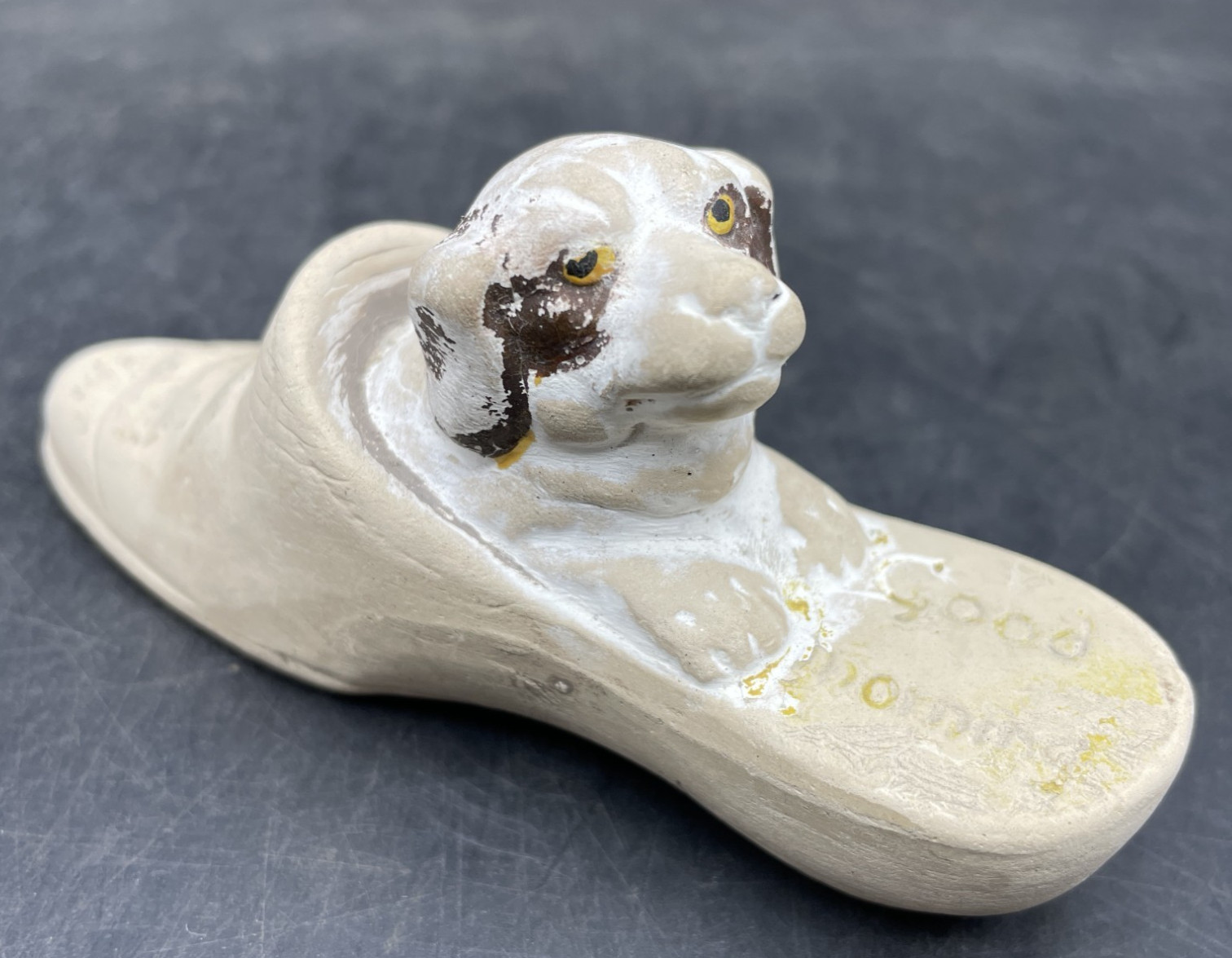 Vintage Bisque Puppy Dog In A Slipper Shoe Figurine Good Morning 1930-40\'s