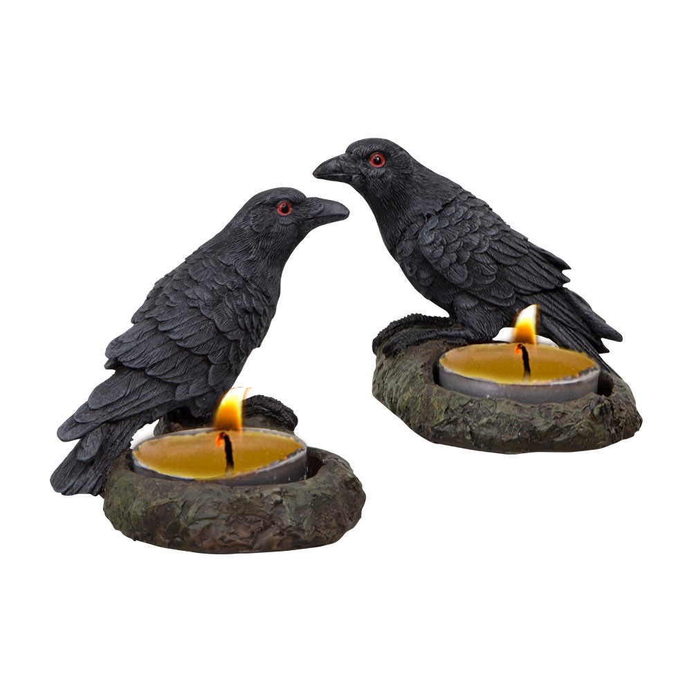 Pair of Witchy Raven Ravens Tealight Holders with Tealight Candles