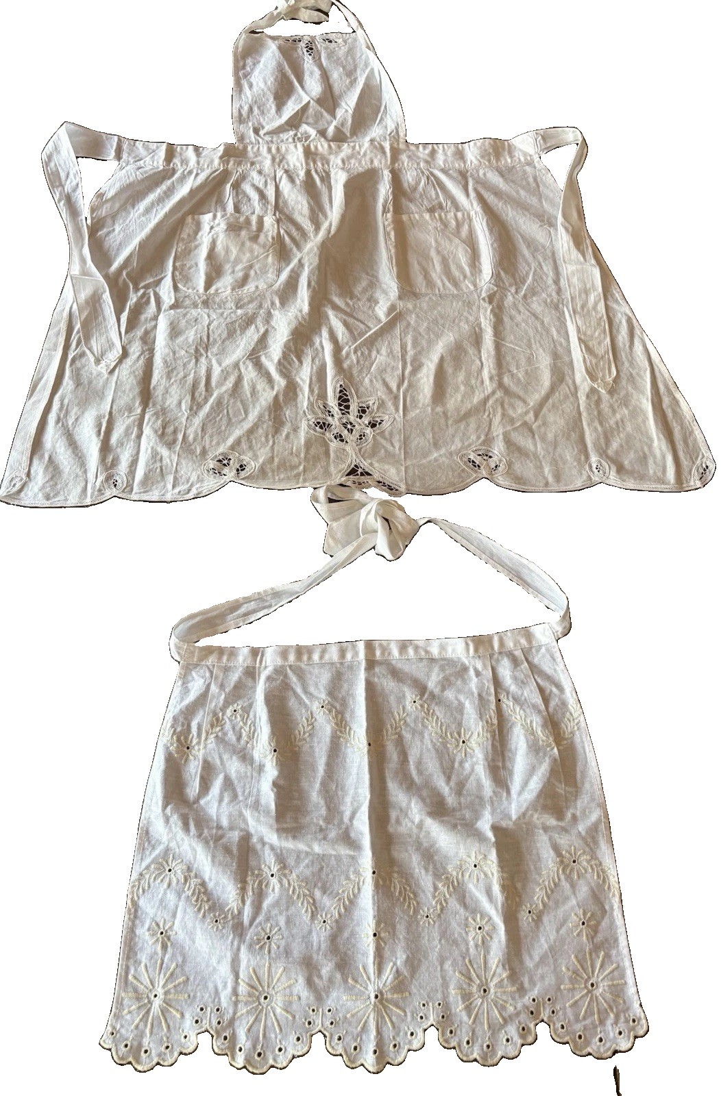 Vintage Handmade White Linen Pinafore & Half Apron Lot Set Battenberg Lace Vtg