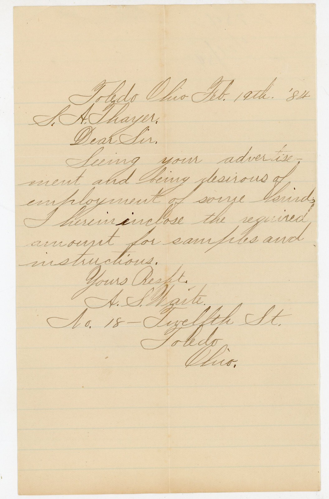 1884 Toledo Ohio Job Inquiry Letter to S.A. Thayer A.S. Waite Employment Request
