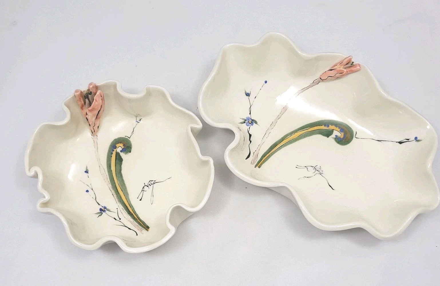 Barbara Baatz Signed Unique Ceramic Bowl Set Wavy Edge Hand Painted Art Pottery 