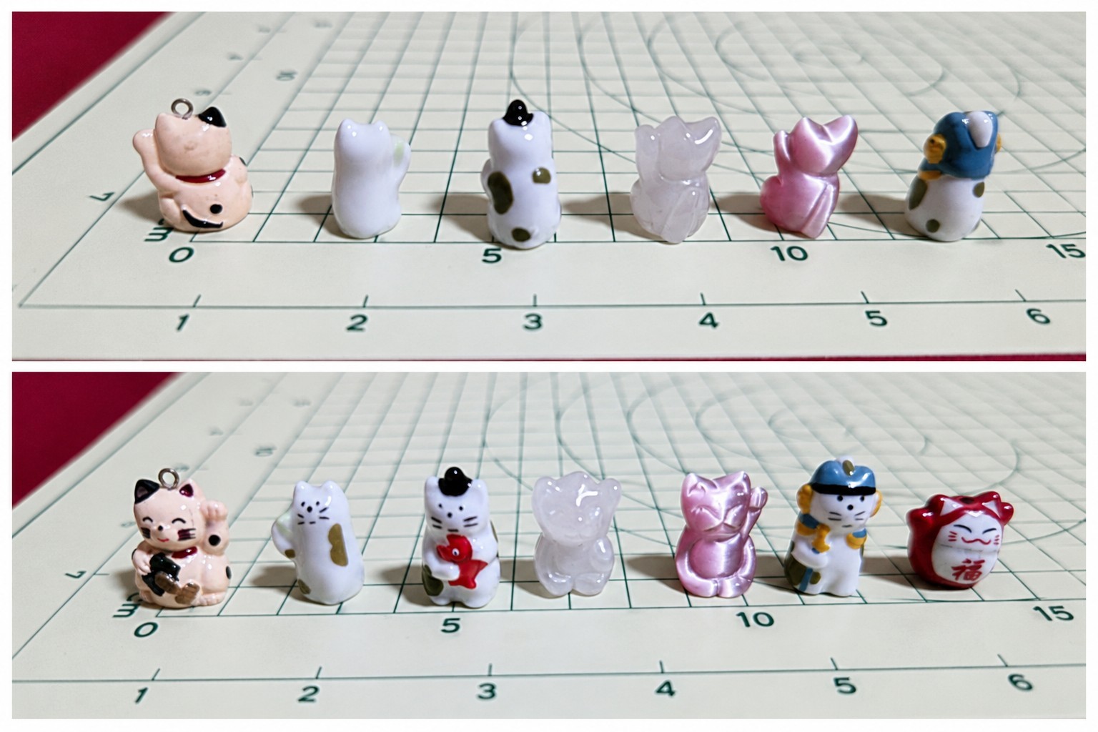 Japanese Mini Maneki Neko Cat Figurines 7pcs Tiny Ceramic Charm Set