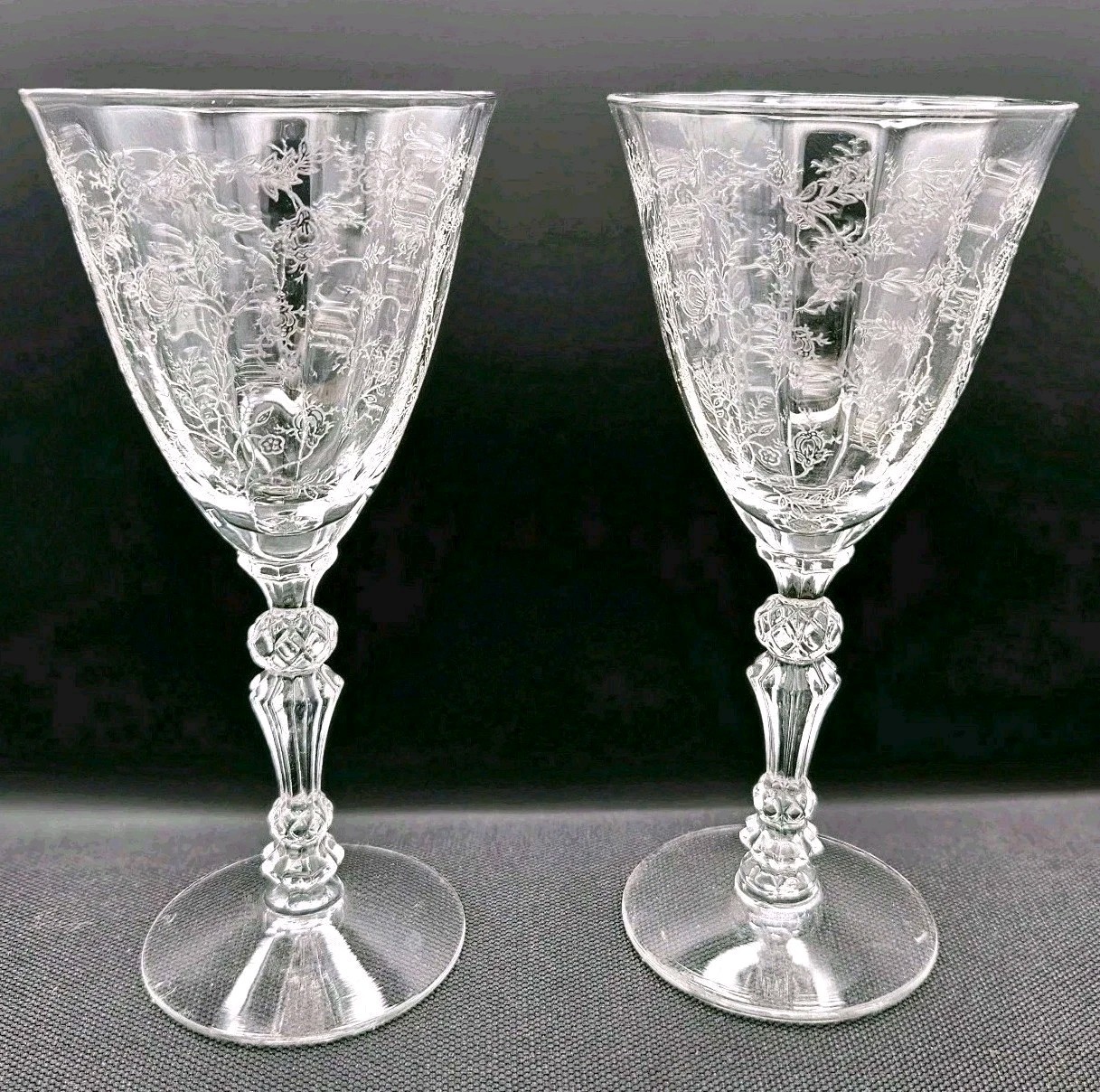 2 Fostoria Chinz Clear Crystal Claret Small Wine Glasses Etched Floral 5.25\