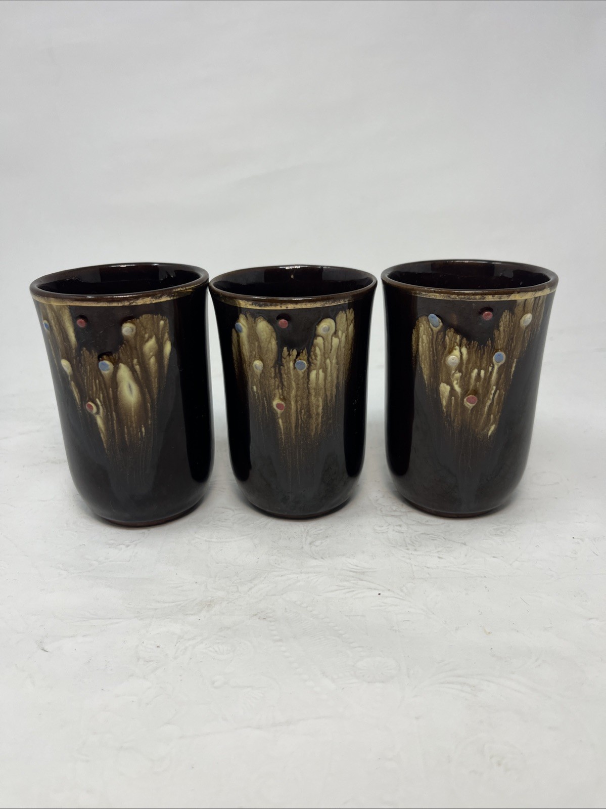 Set Of 3 Vintage Tilso Ceramic made in Japan Tumblers With Drip Glaze Design Set Of 3 Vintage Tilso Ceramic made in Japan Tumblers With Drip Glaze Design