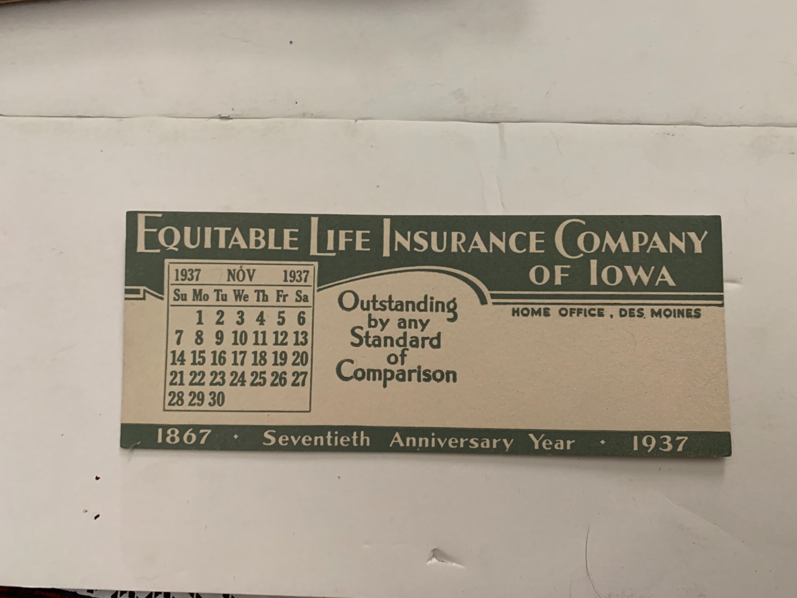 November 1937 Equitable Life Insurance Company Of Iowa Ink Blotter