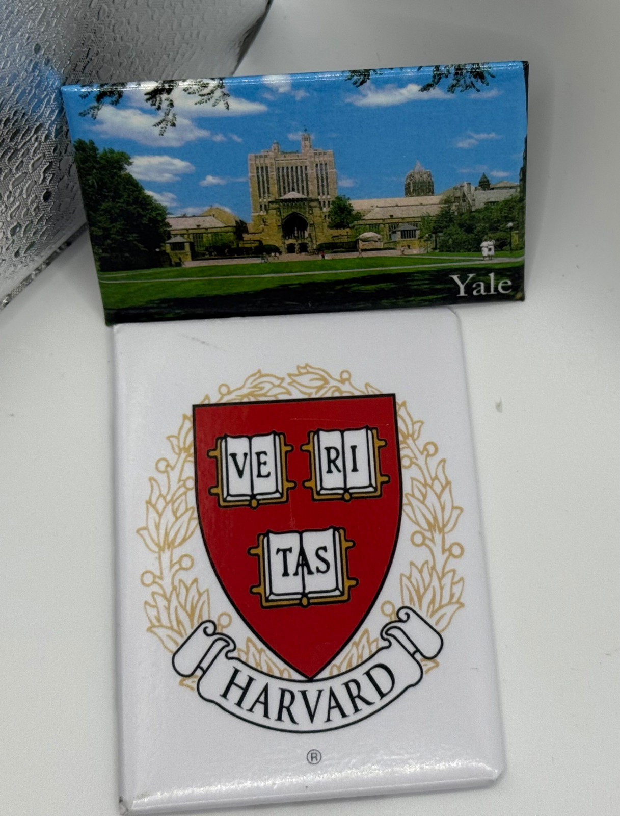Pair of Beautiful College Fridge Magnets: Yale & Harvard