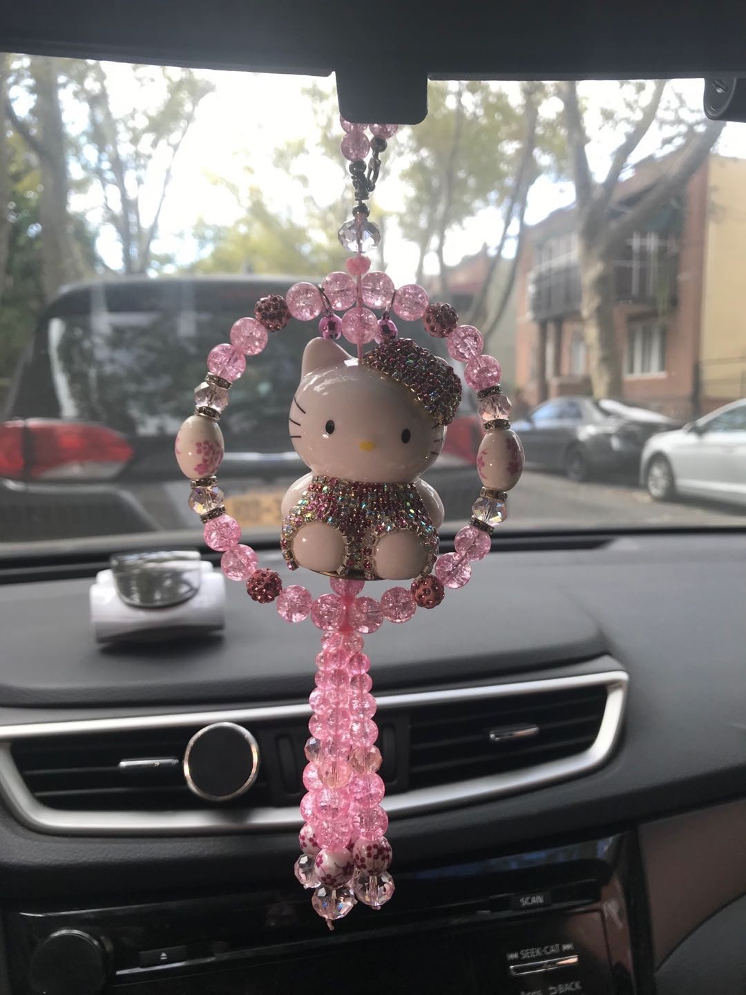 Handmade Cute Rhinestone Crystal Hello Kitty Pendant Pink Beading Car Decoration