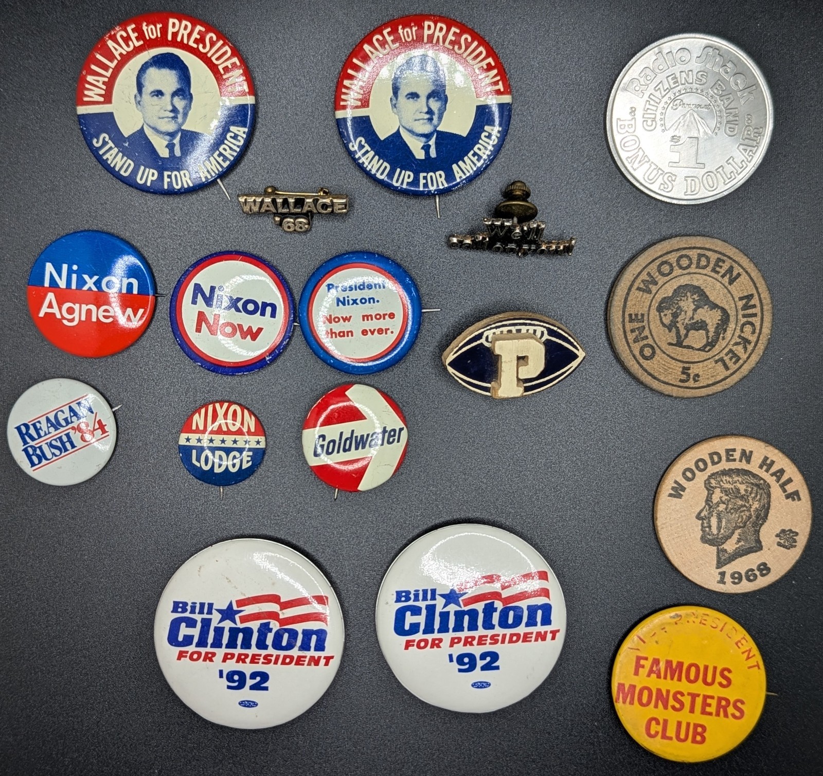Lot of Vintage Political Buttons Pins & Tokens Wallace Nixon Reagan Goldwater