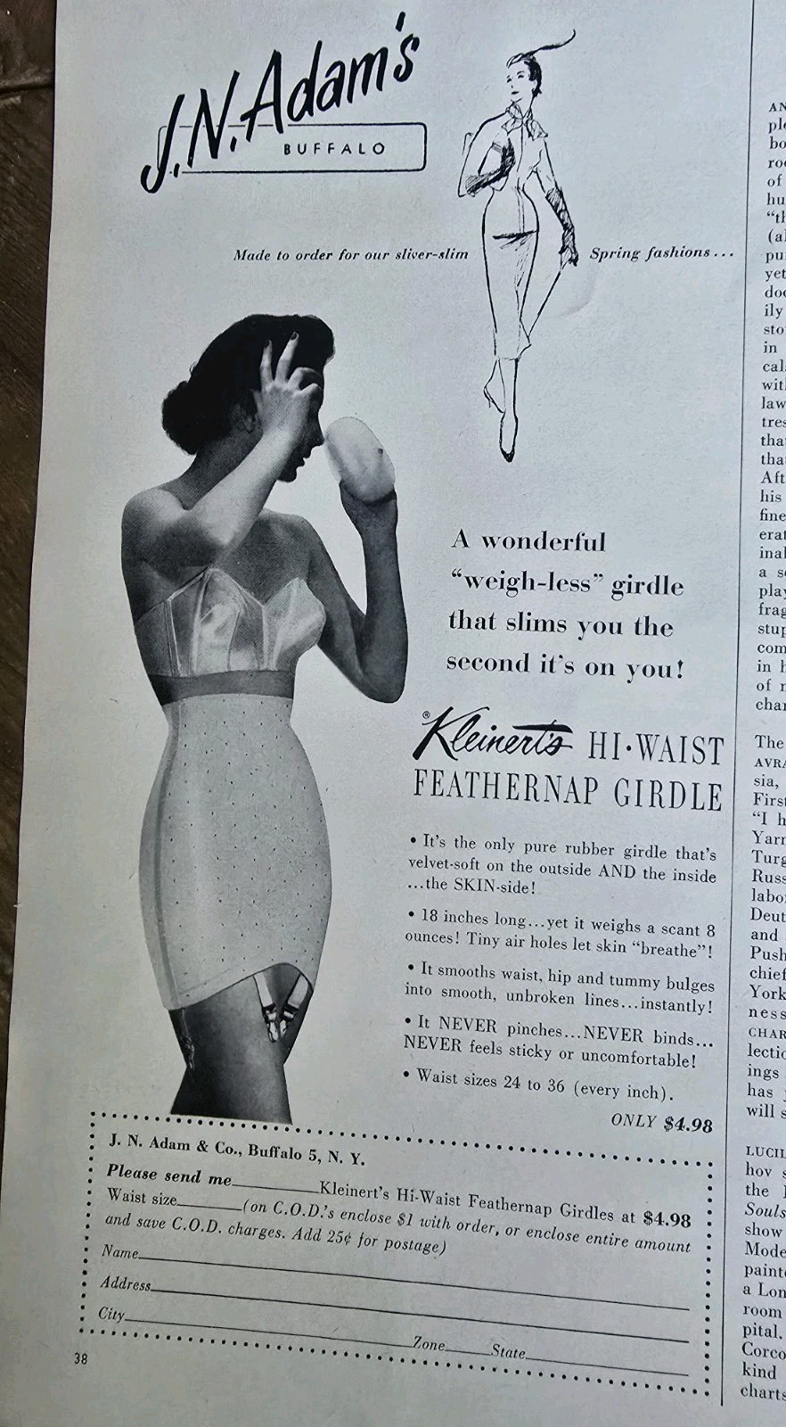 1954 Women\'s Hi-Waist Feathernap Girdle Bra Vintage Buffalo NY Fashion Ad 