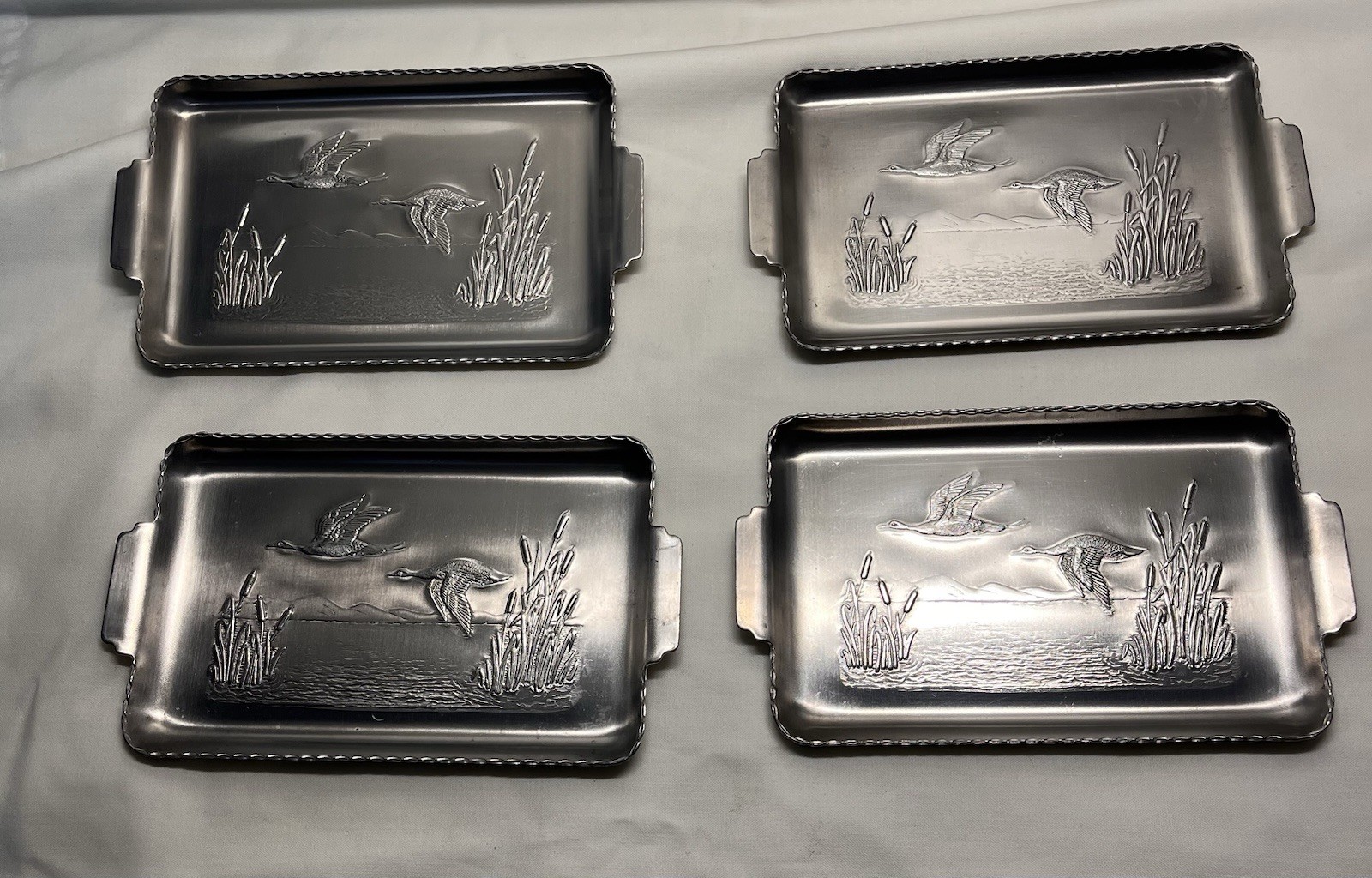 4 Vtg MCM Aluminum Small Tip Trays Geese Ducks Cattails Set of 7\
