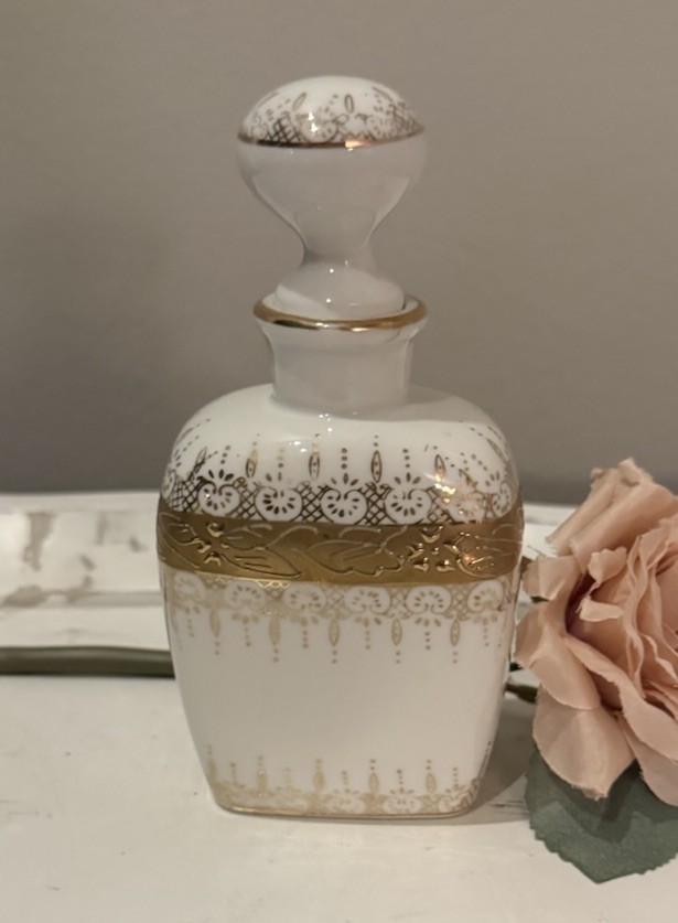 Moriyama Vintage Japanese Porcelain Perfume Bottle with Stopper Gold Trim Japan